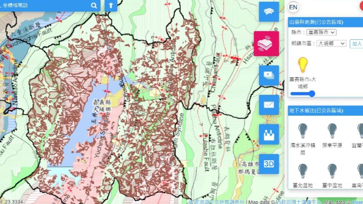 郭鎧紋提醒，圖片上咖啡色區塊可能會發生山崩與地滑災害。（圖／郭鎧紋提供）