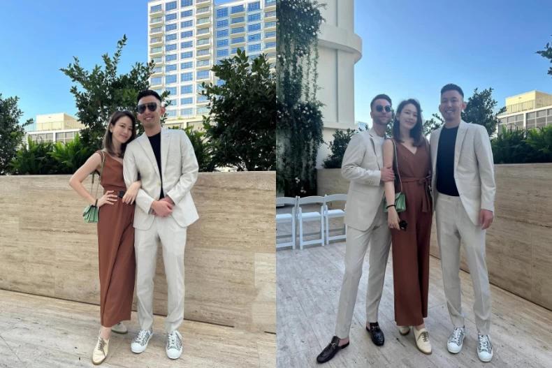 Melody在弟弟的婚禮派對中,以一襲摩卡慕斯色的V領連身褲出席。(圖/翻攝自IG@melodykliu)