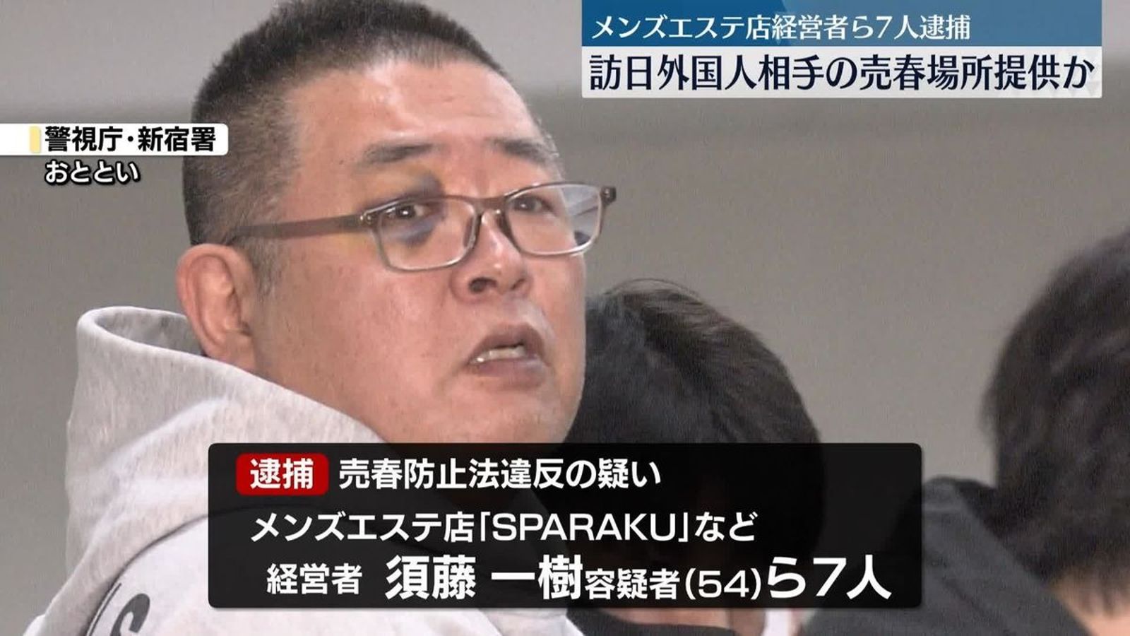 「メンズエステ SPARAKU」負責人須藤一樹遭逮捕。(翻自《日本電視台》畫面)