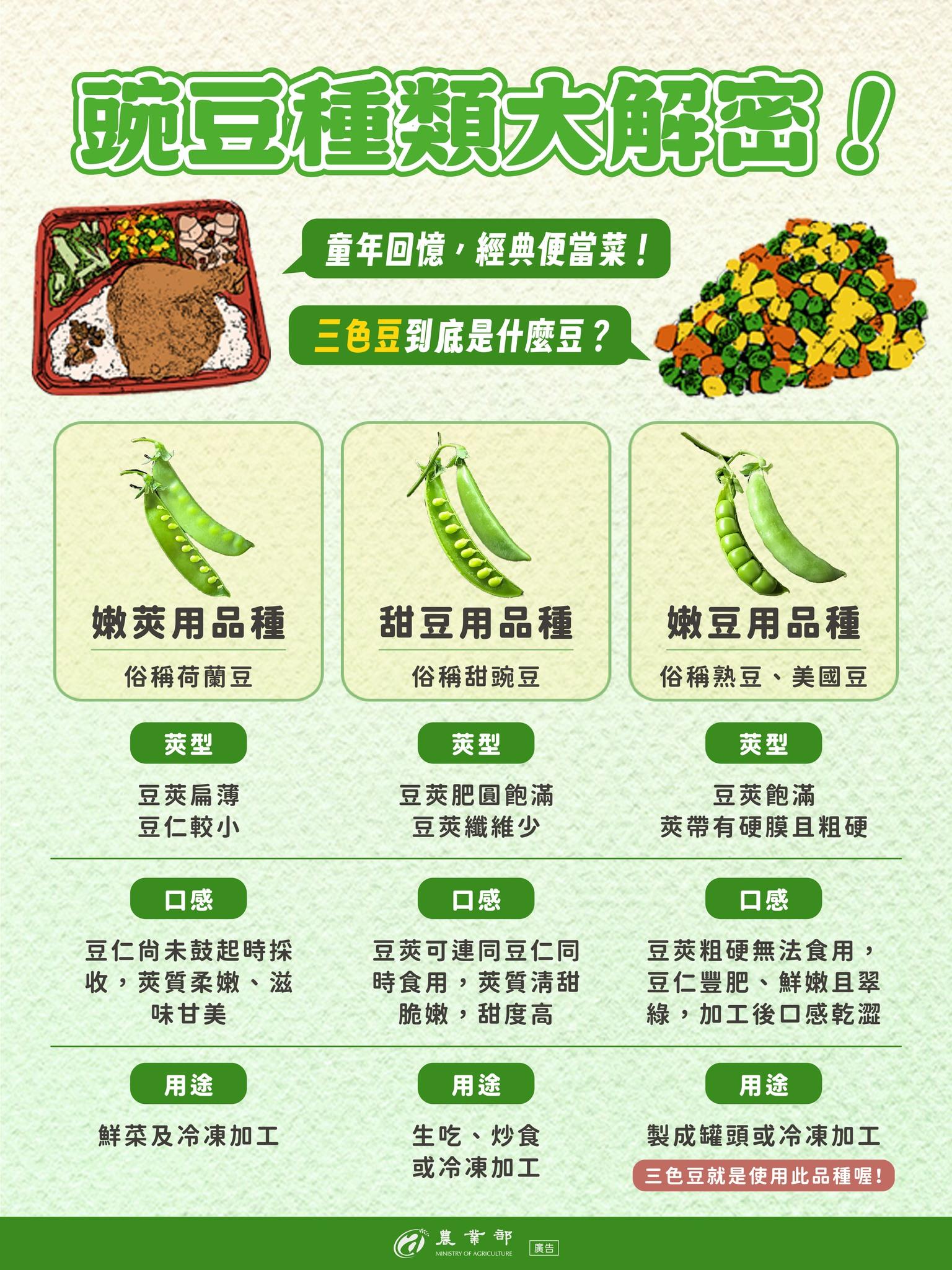 農業部解答三色豆裡的綠色豆子是「青豆仁」,屬於嫩豆用品種。(圖/翻攝自農業部臉書)