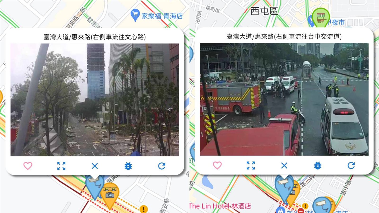 在即時路況app上找到事發地點附近「台灣大道」的監視器，就可以連線看到即時畫面。（圖／翻攝自網路）