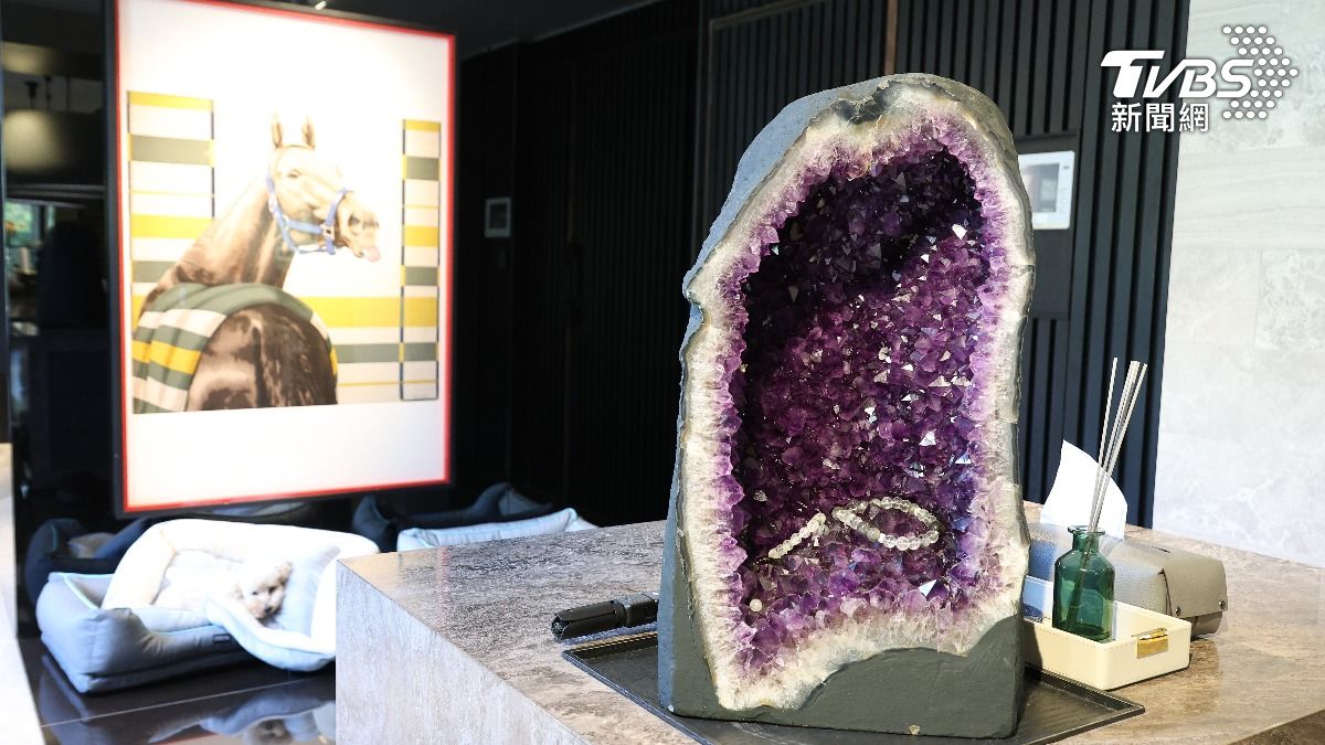 森田家玄關有著超大紫水晶洞,作為聚財用途。(圖/張哲鳴攝)