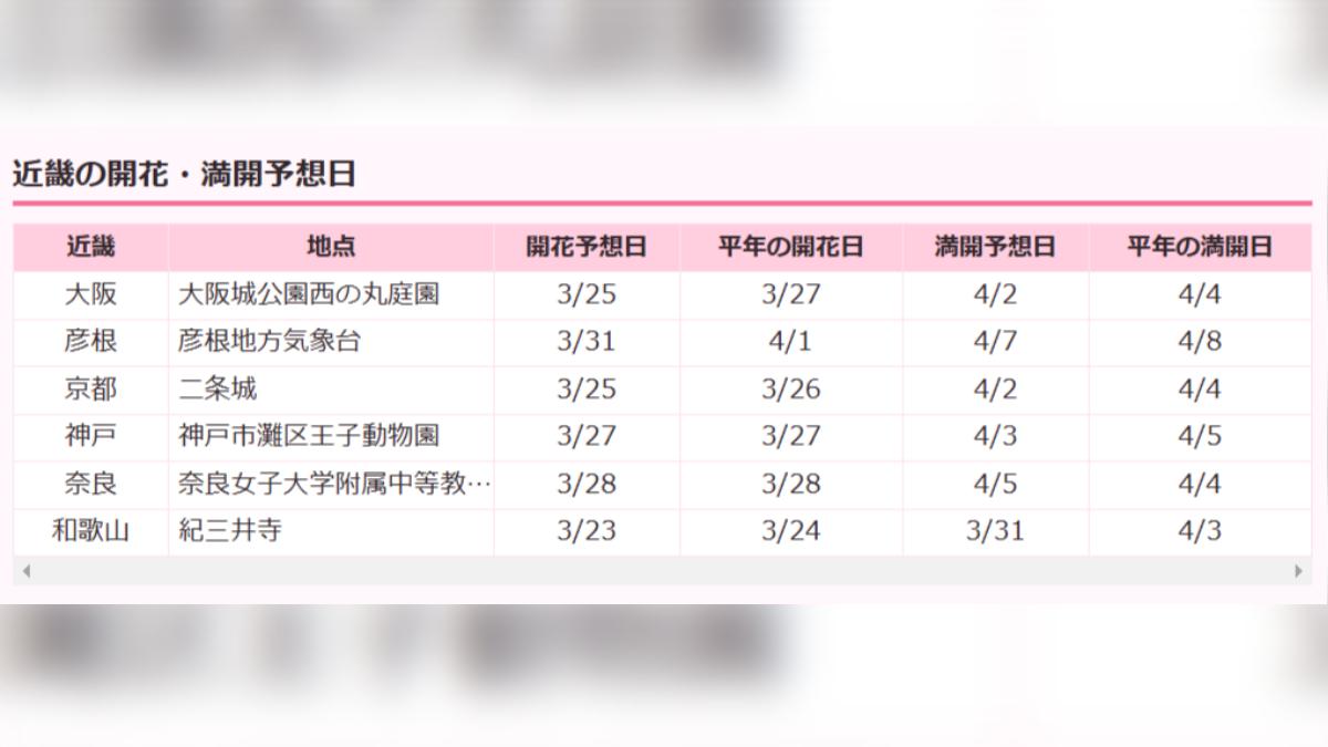 日本近畿地區櫻花開花最新預測。(圖/翻攝自日本Weather News)