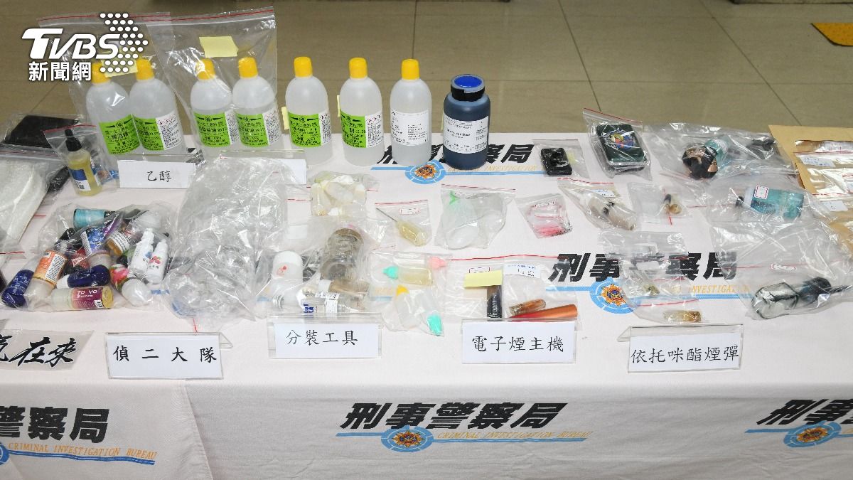 警方查獲大量依託咪酯煙彈、分裝工具。（圖／TVBS）