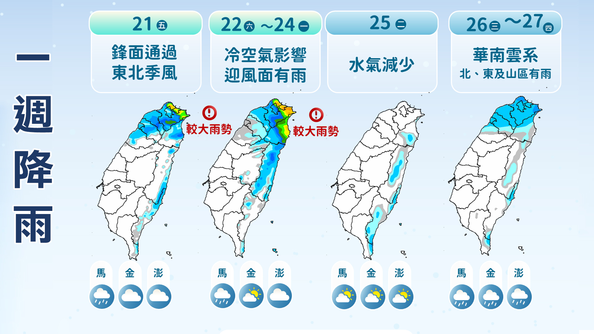 週末北部、東半部水氣較為偏多。(圖/TVBS)