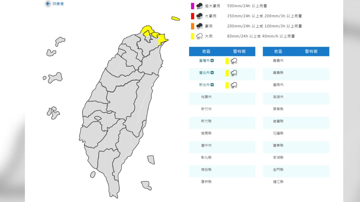 天氣/雨彈來襲!基隆北海岸大雨特報 氣象署:注意瞬間大雨