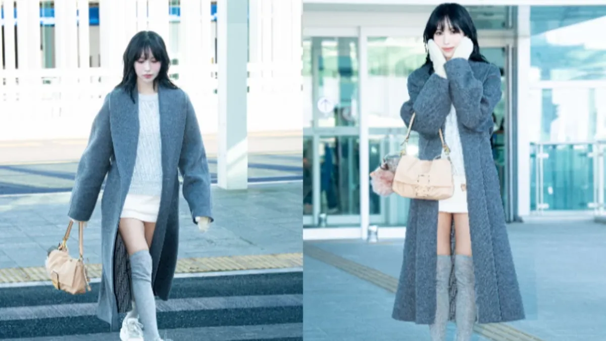 TWICE Mina穿著灰色羊毛繫帶式大衣、FF LOGO羊毛衫及羊毛合身短裙。（圖／FENDI）