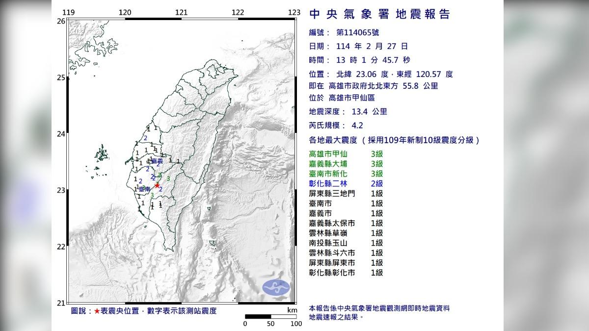 高雄規模4.2地震。(圖/氣象署提供)