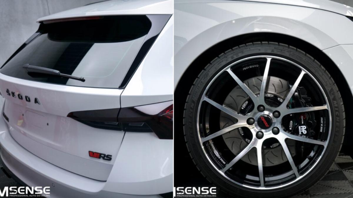 輪胎升級成235/35 R19的米其林性能胎,煞車換上加大碟與AP Racing卡鉗,輪框改成Rays的樣式。(圖/翻攝自DM SENSE 車體鍍膜貼膜 台中旗艦店臉書)