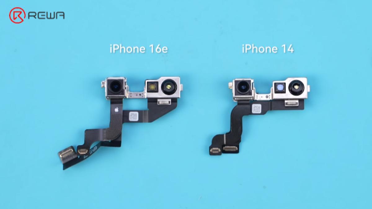 iPhone 16e與iPhone 14共享許多相似設計，包括前置相機陣列。（圖／翻攝自REWA Technology YouTube）