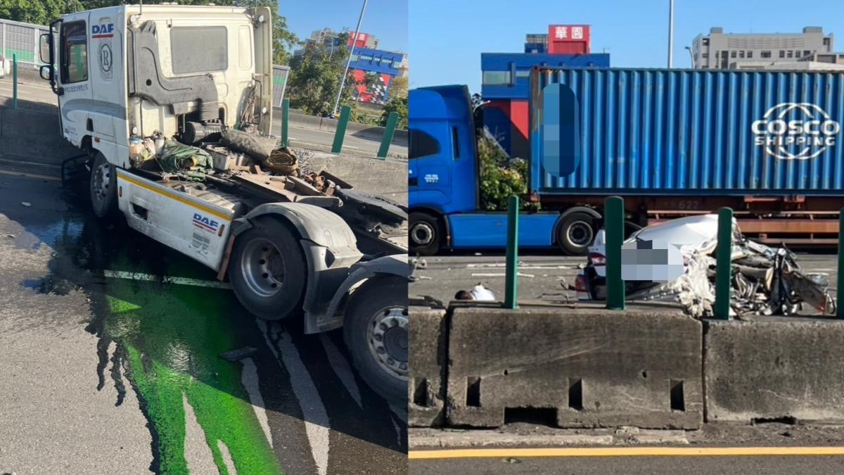 快訊/國1五甲嚴重車禍!拖板車削爛轎車 2人拋飛墜地1命危