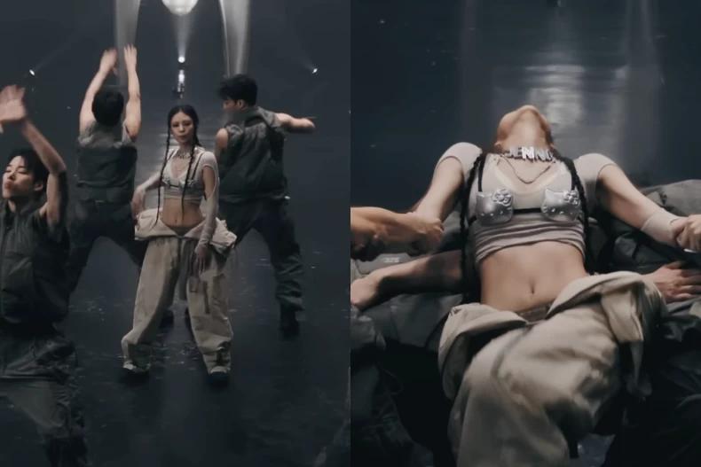 JENNIE在〈like JENNIE〉MV中的灰色套裝,有個性又俏皮。(圖/翻攝自YT@JENNIE)