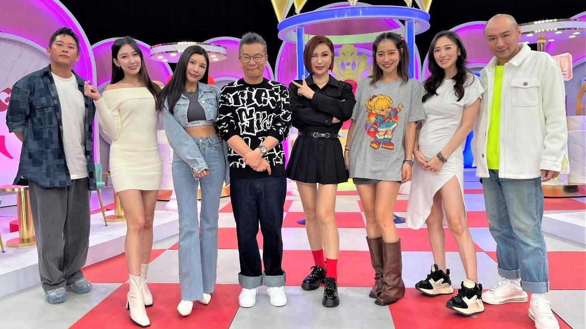 Junior(左起)、檸檬、Lala、沈玉琳、利菁、楊皓如、蔡允潔、拉維斯基谷進棚錄影。(圖/東森超視提供)
