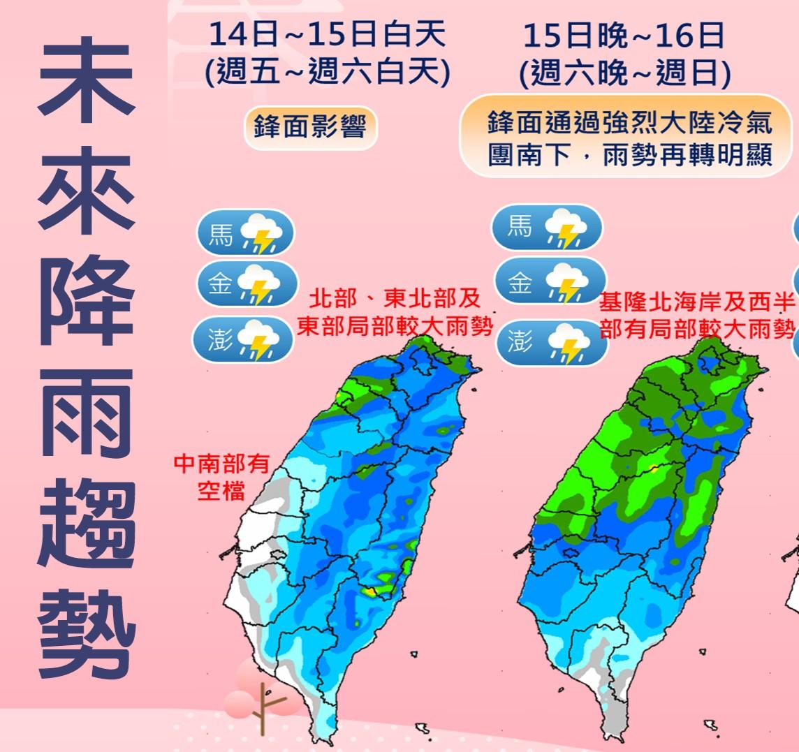 週六（15）、週日（16）北部、東部地區有局部較大雨勢機率，中南部也有降雨空檔。（圖／TVBS）