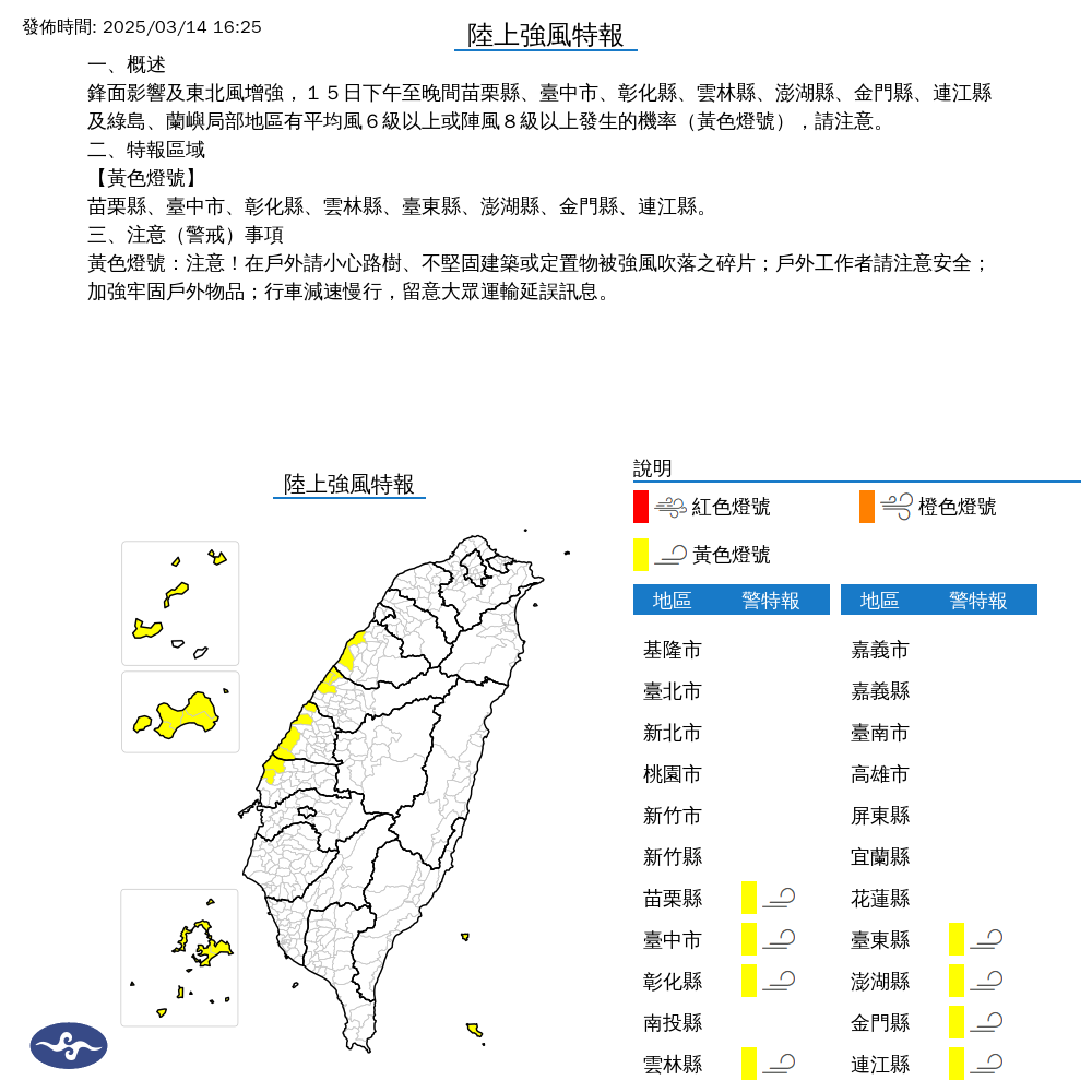 氣象署今（14）日下午針對8縣市發布強風特報。（圖／氣象署）