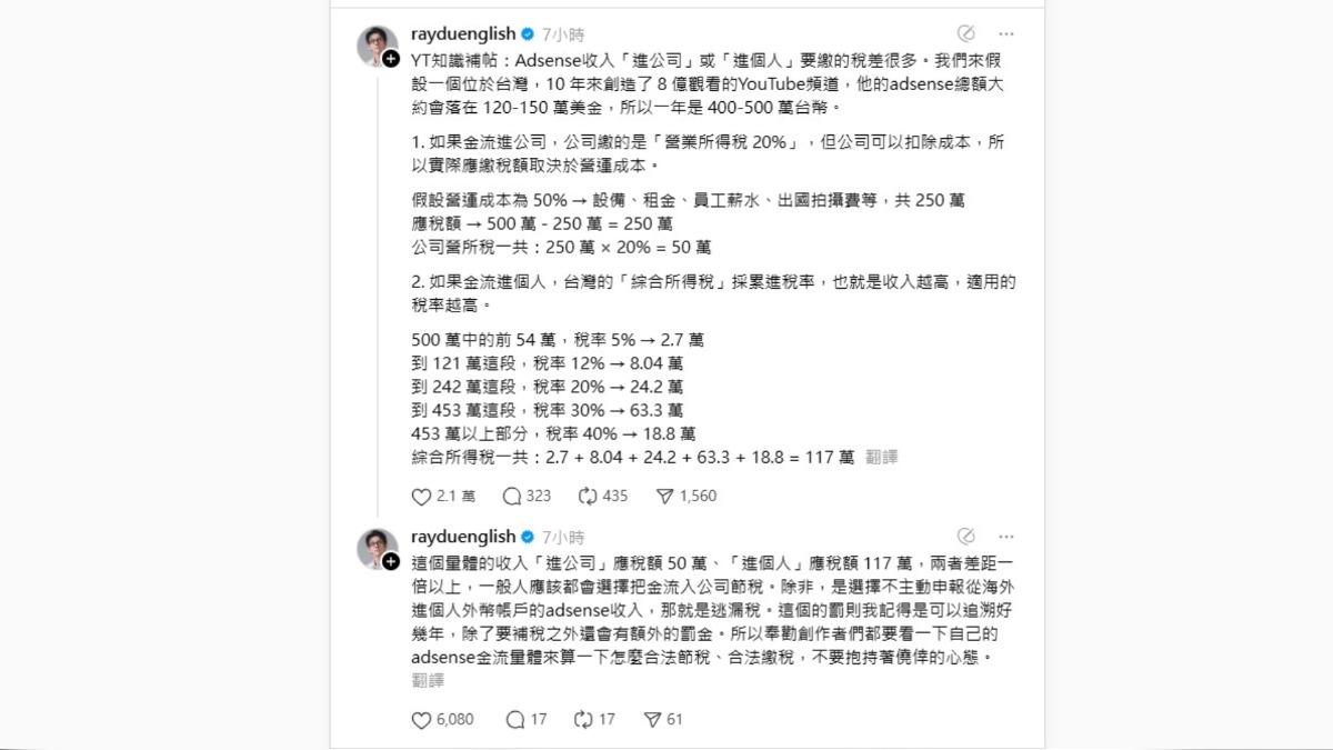阿滴今(15)日特別發文解釋YouTube的收益結構與繳稅真相,並點出若將收益匯入個人帳戶而未依法申報,恐怕會有逃漏稅的法律風險。(圖/翻攝自阿滴Threads)