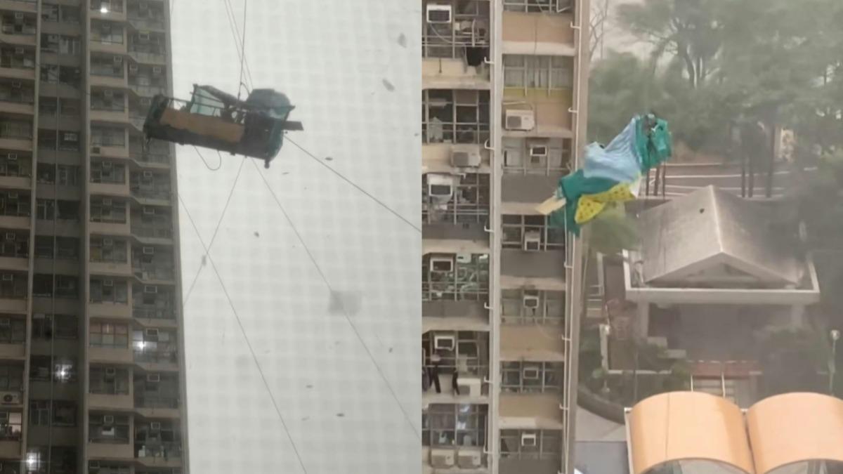 港工人吊「10樓外牆」一度傾斜!風雨中急抓繩保命 驚險畫面曝
