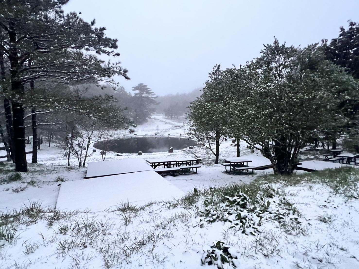 福壽山農場降雪，讓天池更顯不凡。（福壽山農場提供）