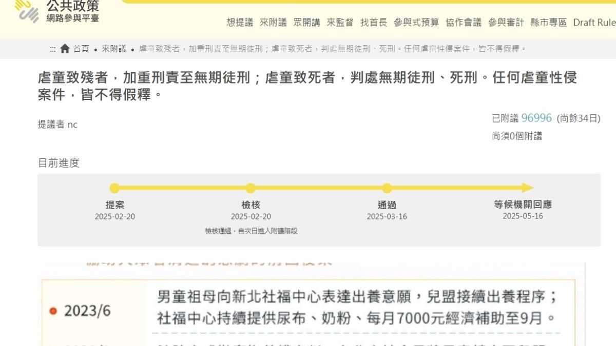 不少民眾湧入平台連署虐童致死者應判死刑。(圖/翻攝自公共政策網路參與平台)