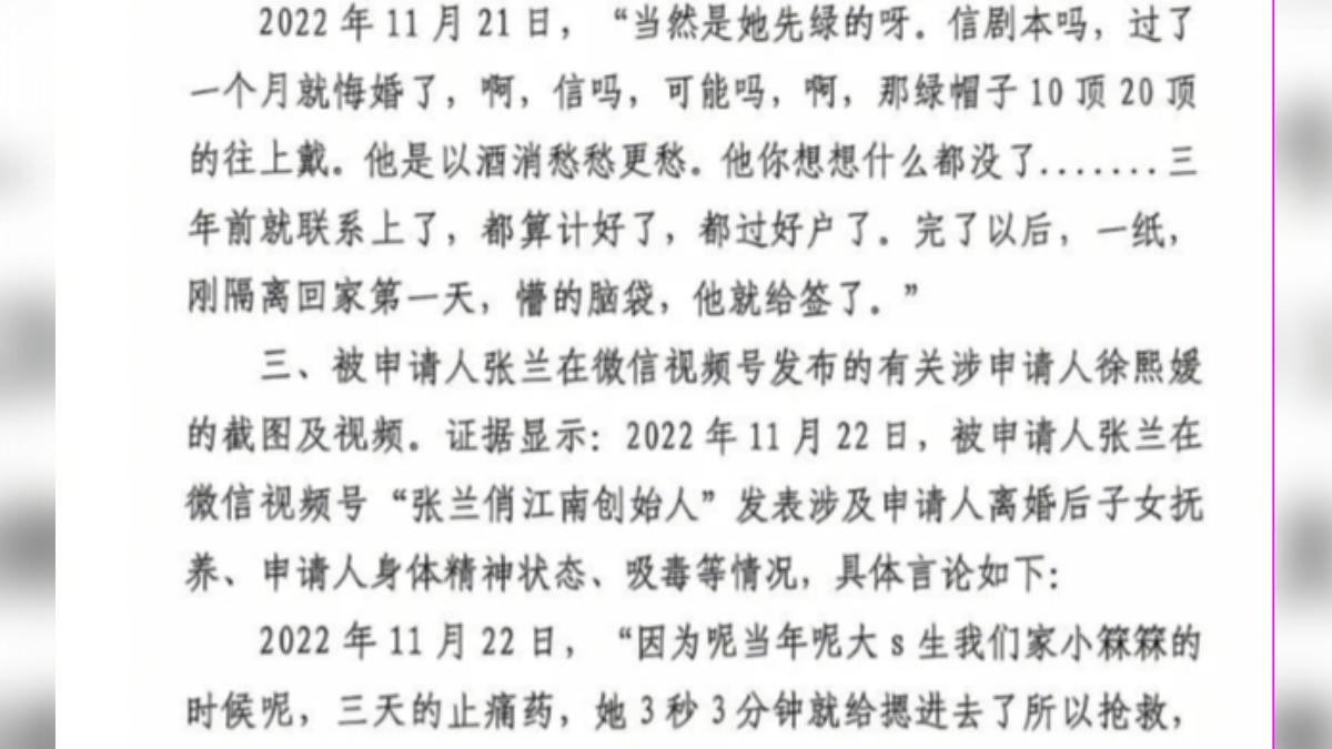 2023年大S曾在大陸控告張蘭母子，向法院提出行為禁令，北京法院2024年8月19日做出民事裁定，要求張蘭和汪小菲自裁定生效日開始，不得在公開場合曝光大S個資。（圖／北京法院）