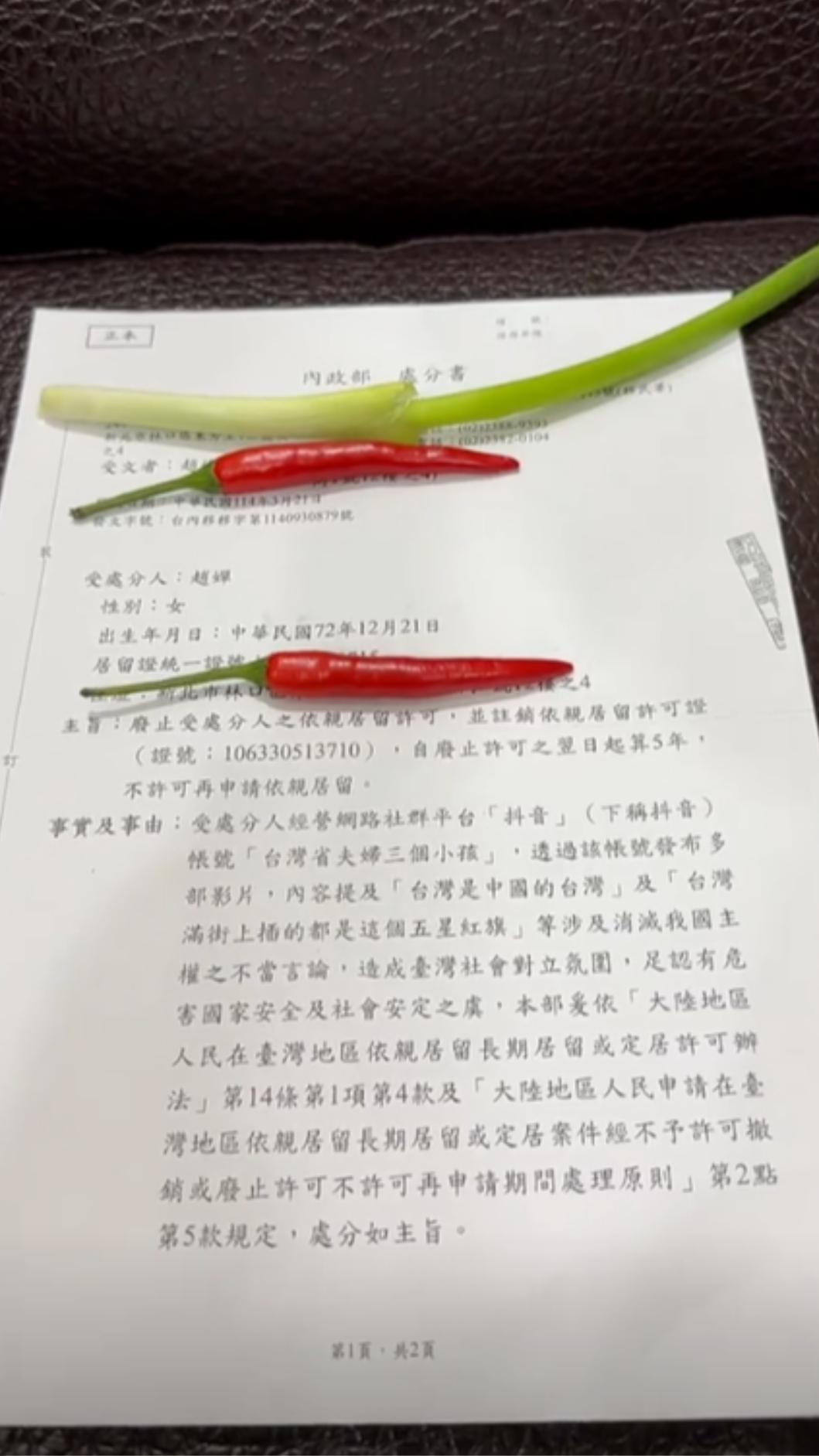 小微在抖音上秀出移民署處分書。(圖/翻攝自抖音台灣省夫婦三個孩子)