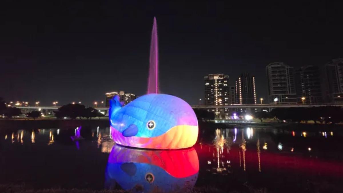 「粉嘻鯨」晚上會點亮迷幻燈光,搭配絢麗燈效與音樂變化,打造奇幻水舞秀。(圖/新北市觀旅局提供)