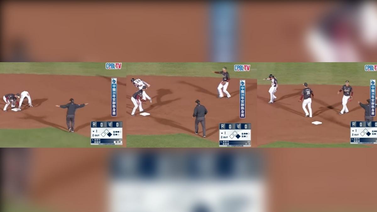陳傑憲盜壘滑過頭,被改判出局。(圖/翻攝自YT@CPBL)