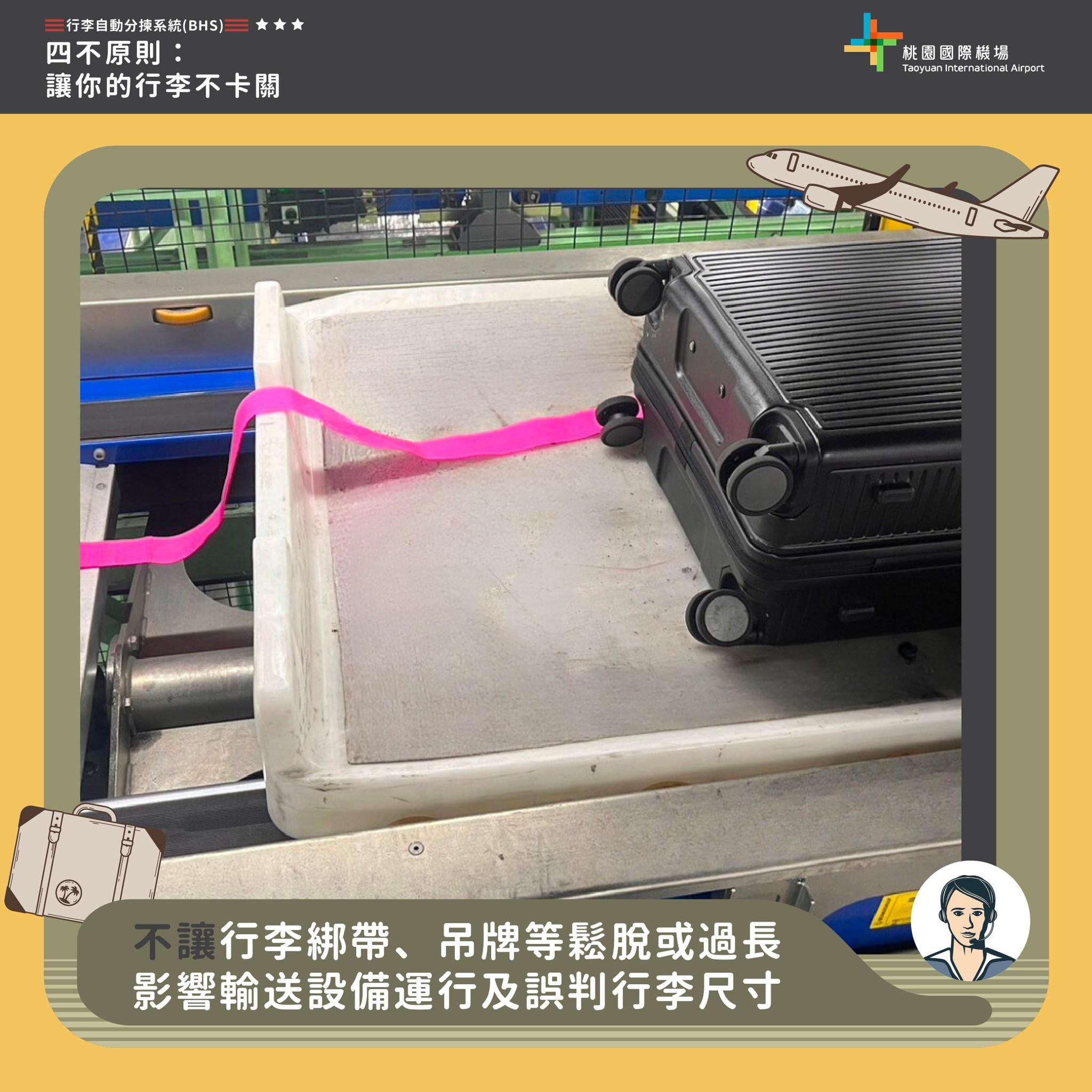 行李綁帶確實繫妥,避免鬆脫捲入輸送帶。(圖/桃園國際機場提供)