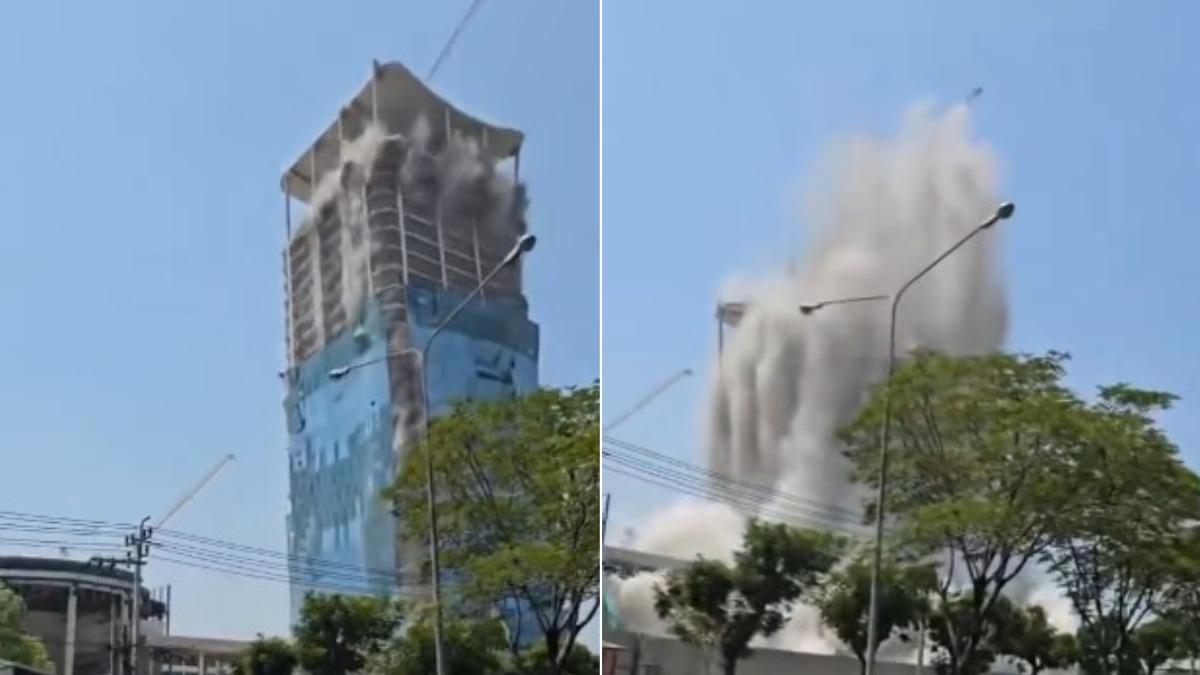這棟位於曼谷恰圖恰地區的未完成大樓在28日的地震中倒塌、瞬間夷為平地。(圖/翻攝自X@vinvin_100)