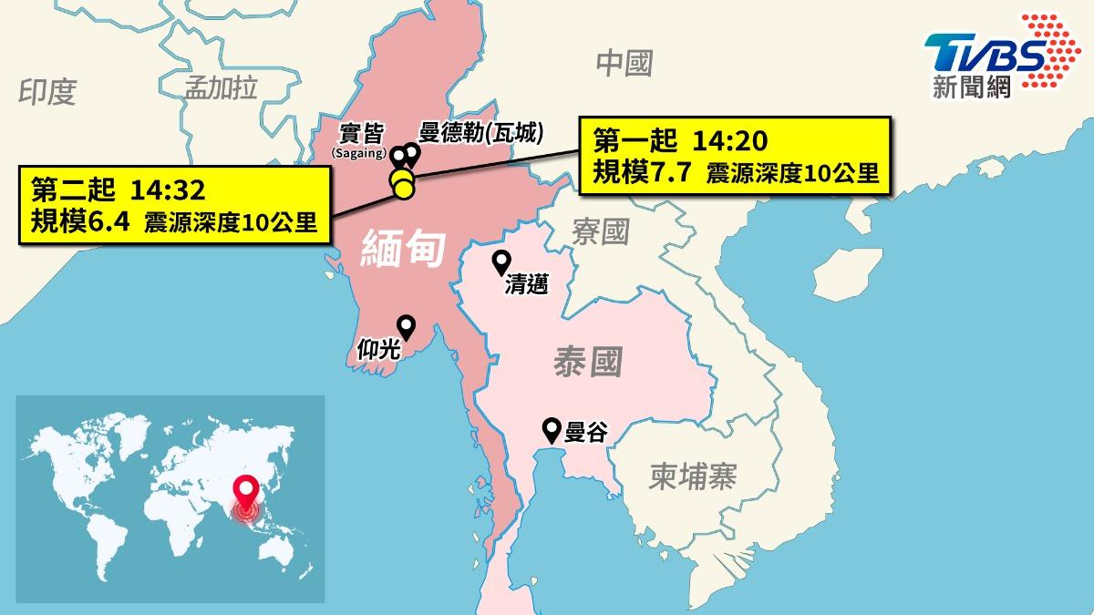 緬甸震央及地震規模。(圖/TVBS)
