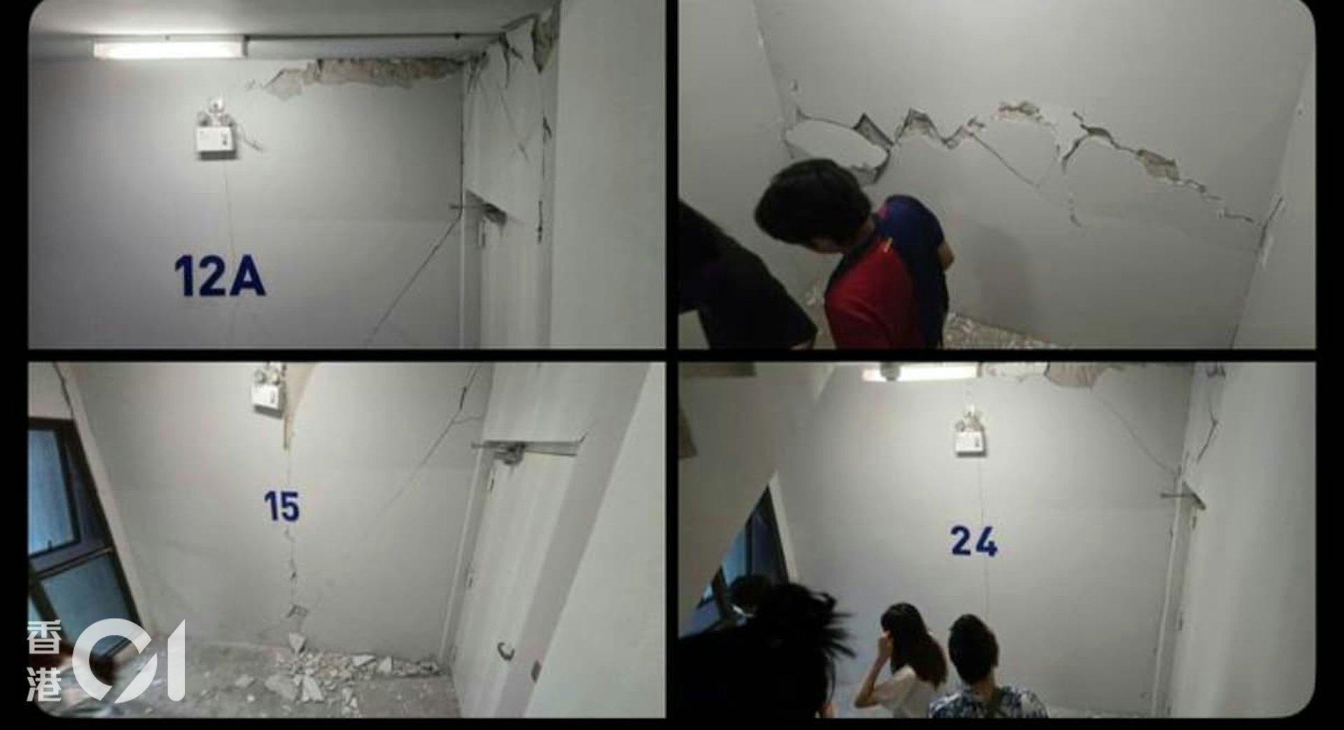 多個樓層的樓梯間牆壁都出現裂縫。（圖／Yoyo提供）