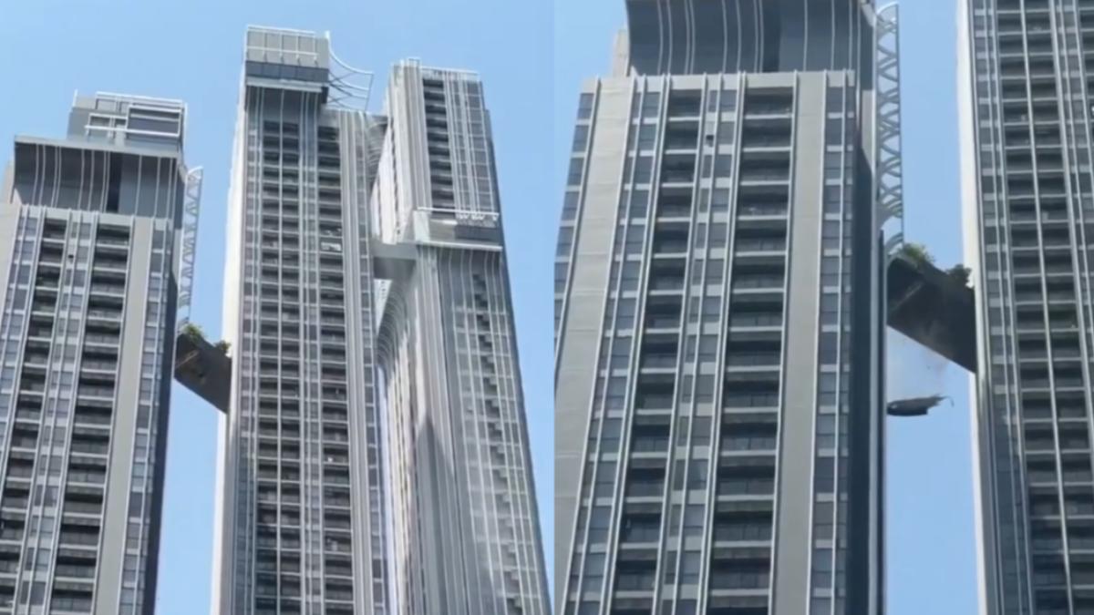 緬甸地震導致曼谷高級公寓的天空步道斷裂，碎片落下。（圖／翻攝自 Matichon Online）
