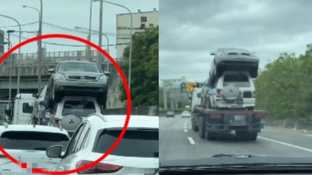 該聯結車將報廢車輛疊在一起,場面驚險。(圖/民眾提供)