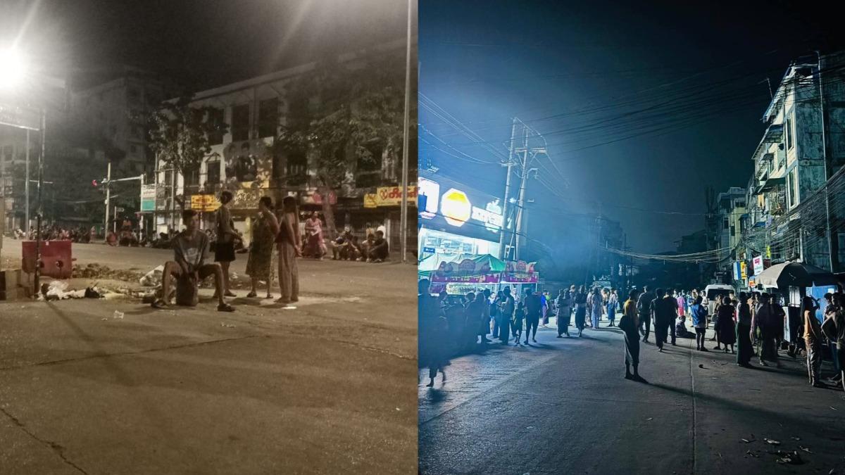 緬甸強震後謠言瘋傳，民眾30日凌晨聚集在仰光街頭。（圖／翻攝自Khit Thit Media）