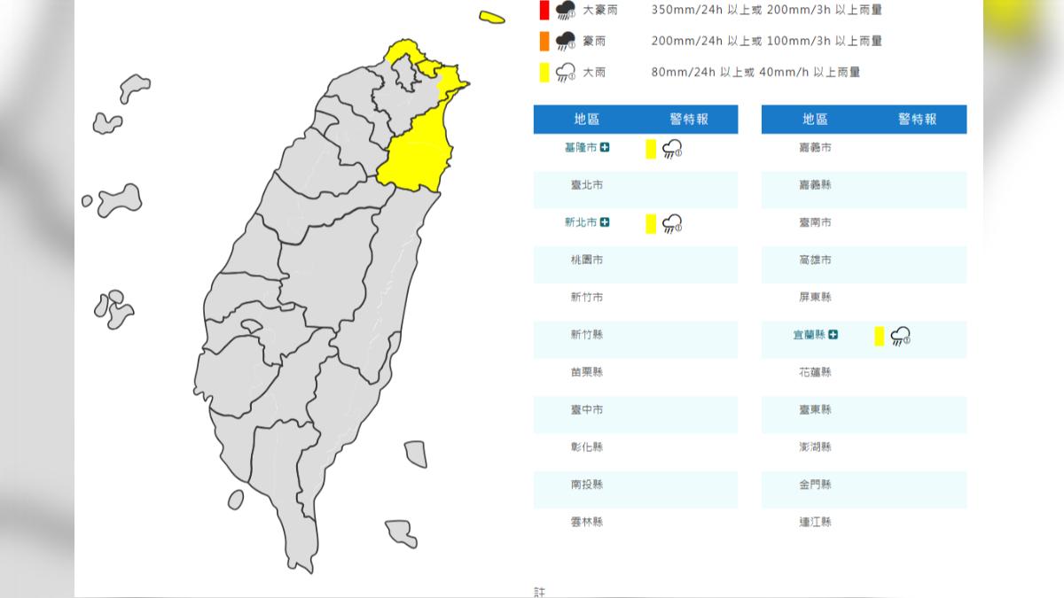 天氣/基隆北海岸雨下整天 氣象署發布「3縣市」大雨特報