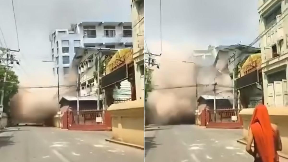 這棟建築轟然垂直倒塌、瞬間消失。(圖/翻攝自Facebook@Khaosod - ข่าวสด)
