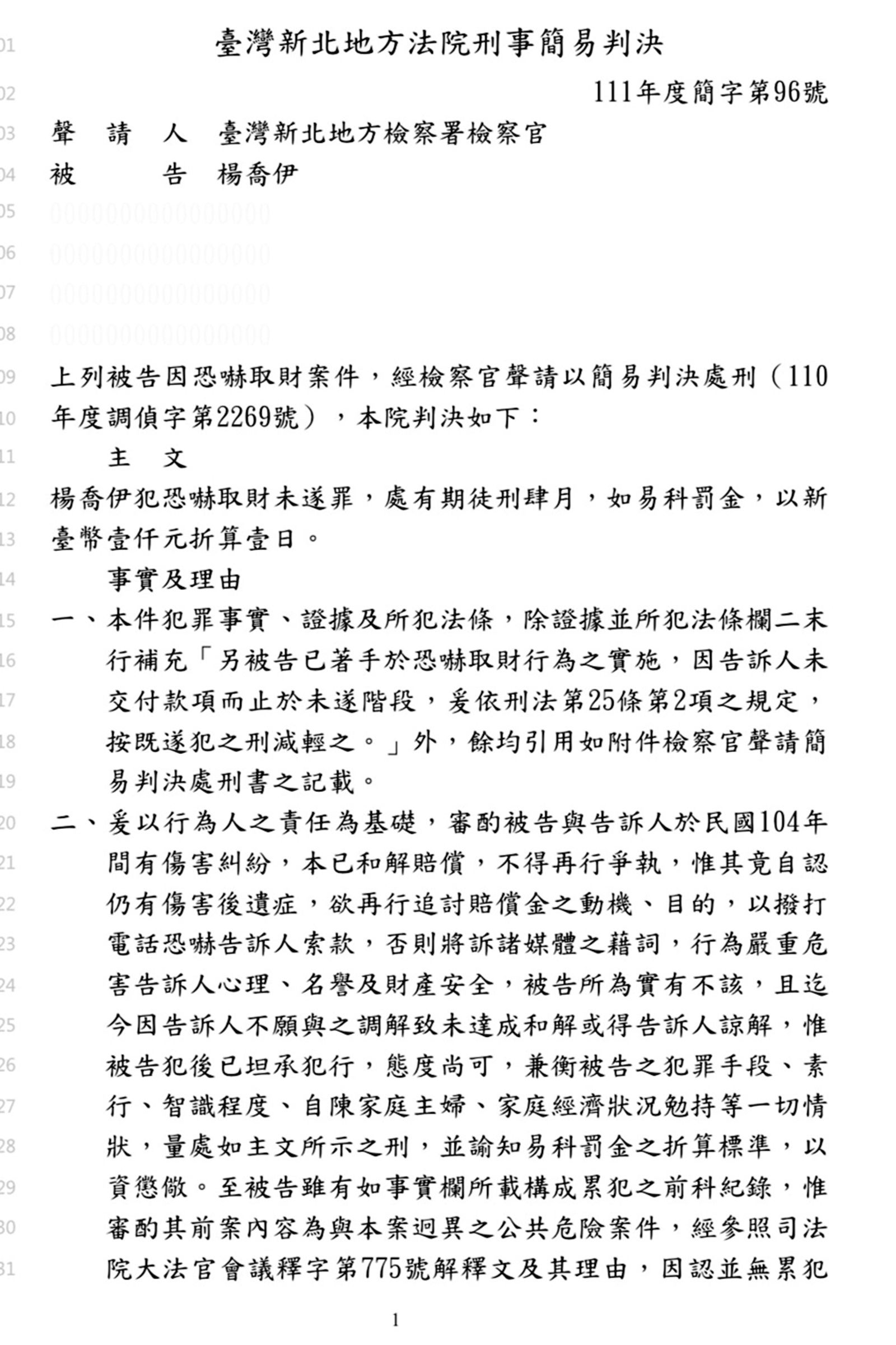 楊喬伊也是趙駿亞眾多受害女友之一,還因向他索取醫藥費遭反告恐嚇。(圖/翻攝自司法院裁判書系統)