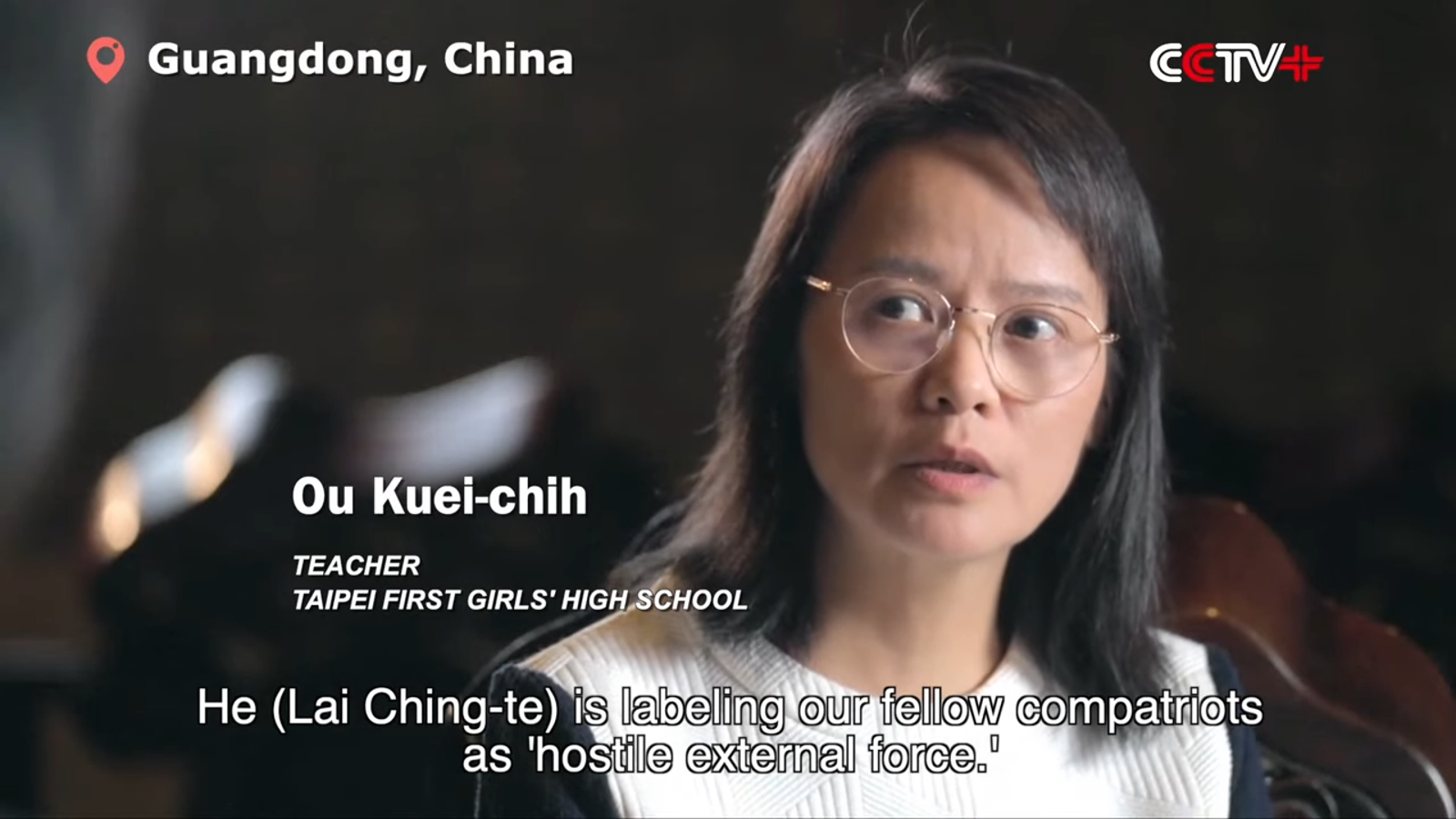 北一女老師區桂芝在中國接受《央視》訪問，遭民眾檢舉違反教育中立。（翻攝自YouTube  CCTV Video News Agency）