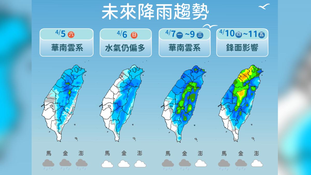 天氣/清明連假後半段水氣增多北部有雨 下周鋒面「雨下到一片黃」