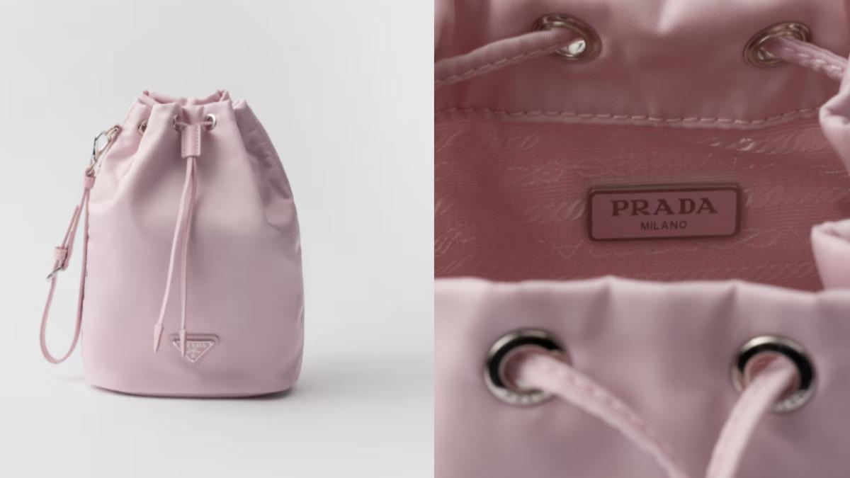 Prada迷你水桶包、內側經典logo。(圖/翻攝自PRADA)