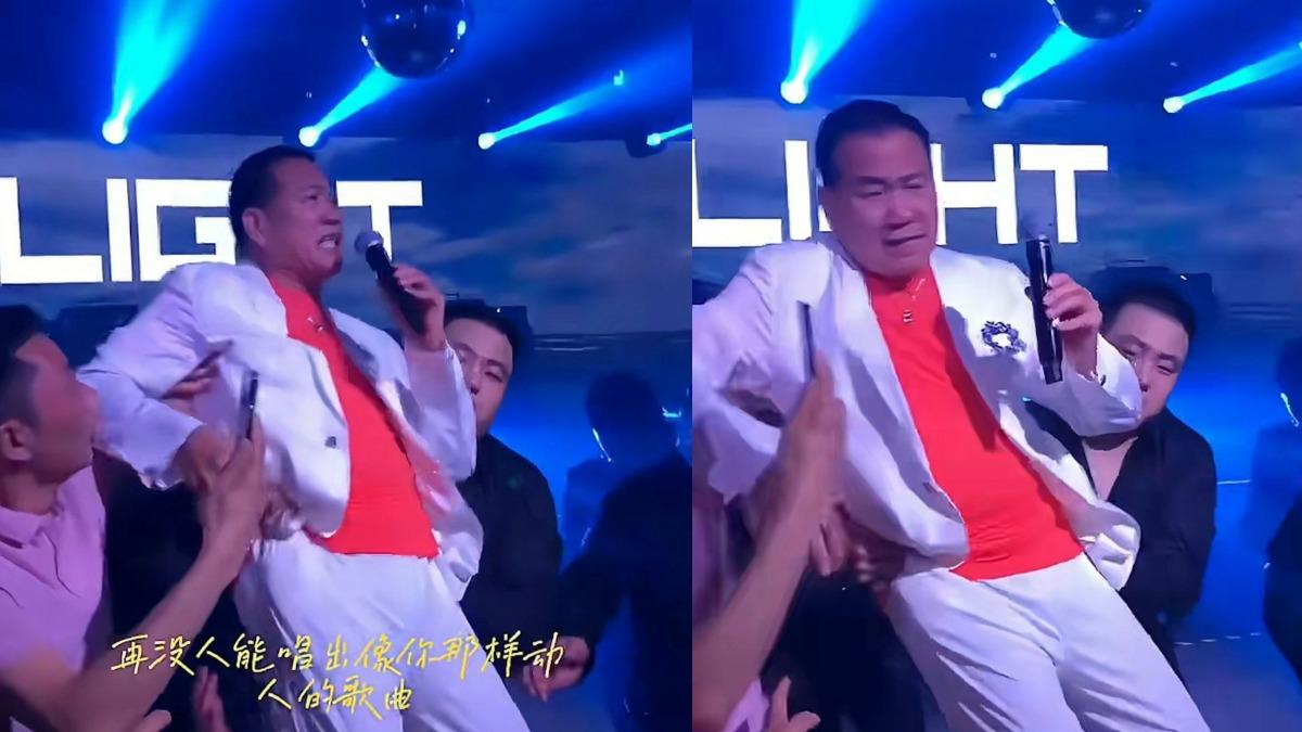 現年67歲的萬梓良，近日在演唱途中突然「腳軟」，整個人向後傾幾乎跌倒。（圖／翻攝自小紅書）