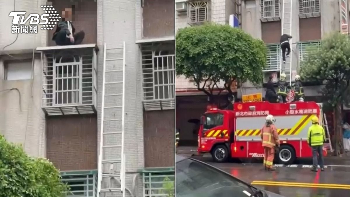 男子受困在雨遮上,警消到場救援。(圖/TVBS)
