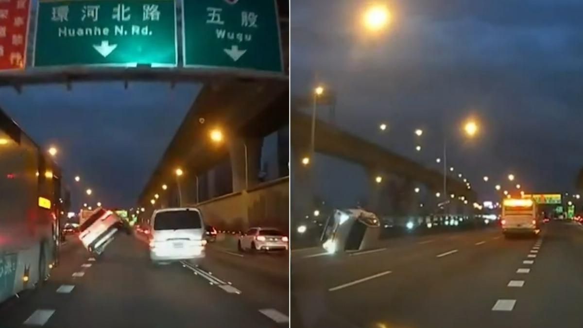 國道「螃蟹車」違規變換車道 轎車衰遭擊落側翻