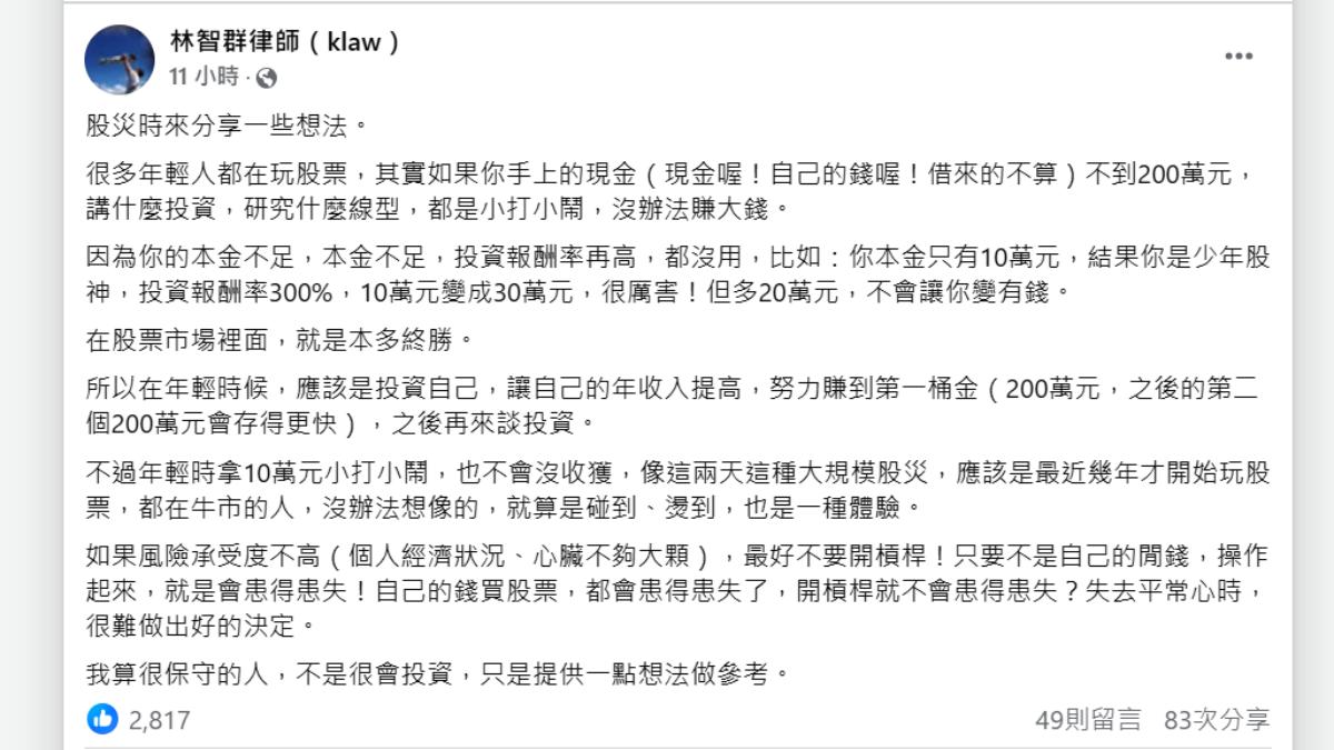 林智群律師發表股市投資想法。(圖/翻攝自林智群律師臉書)