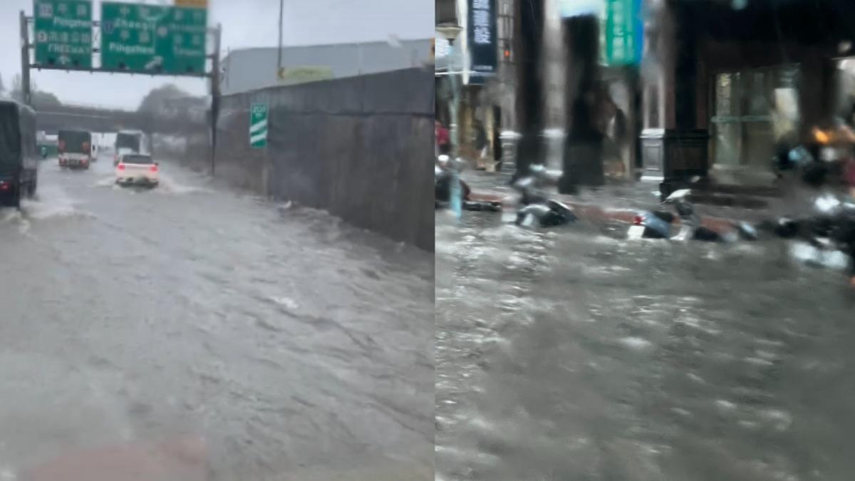 桃園平鎮高速公路與馬路皆淹水。（圖／民眾提供）