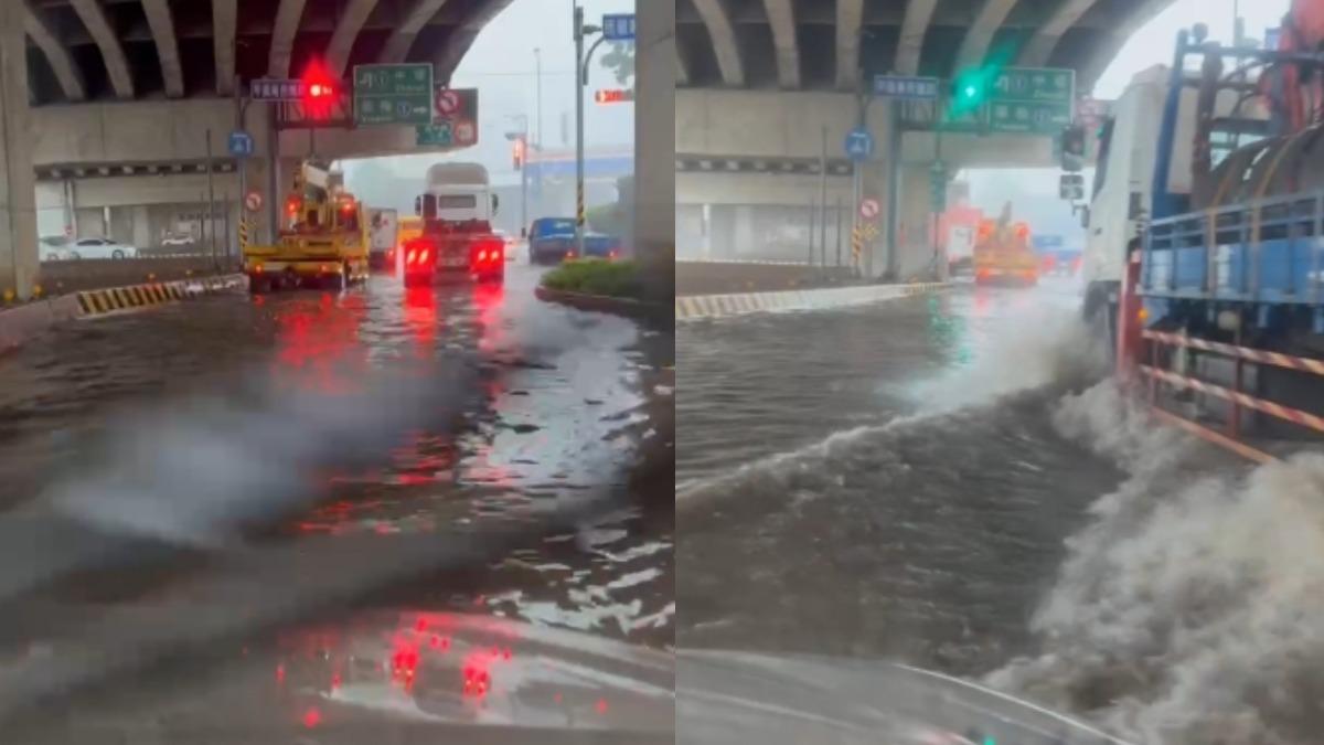 平鎮多處路段有淹水災情。（圖／民眾提供）