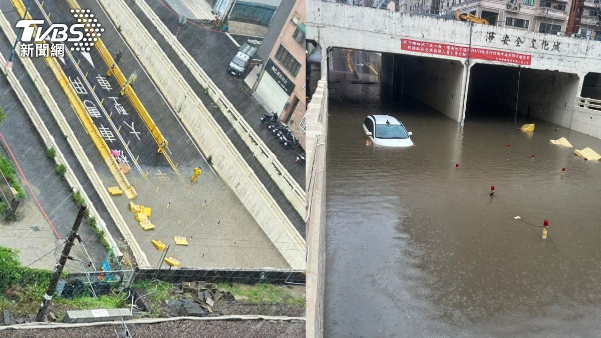環南地下道目前因淹水封閉，其中有輛汽車慘被滅頂。（圖／TVBS）