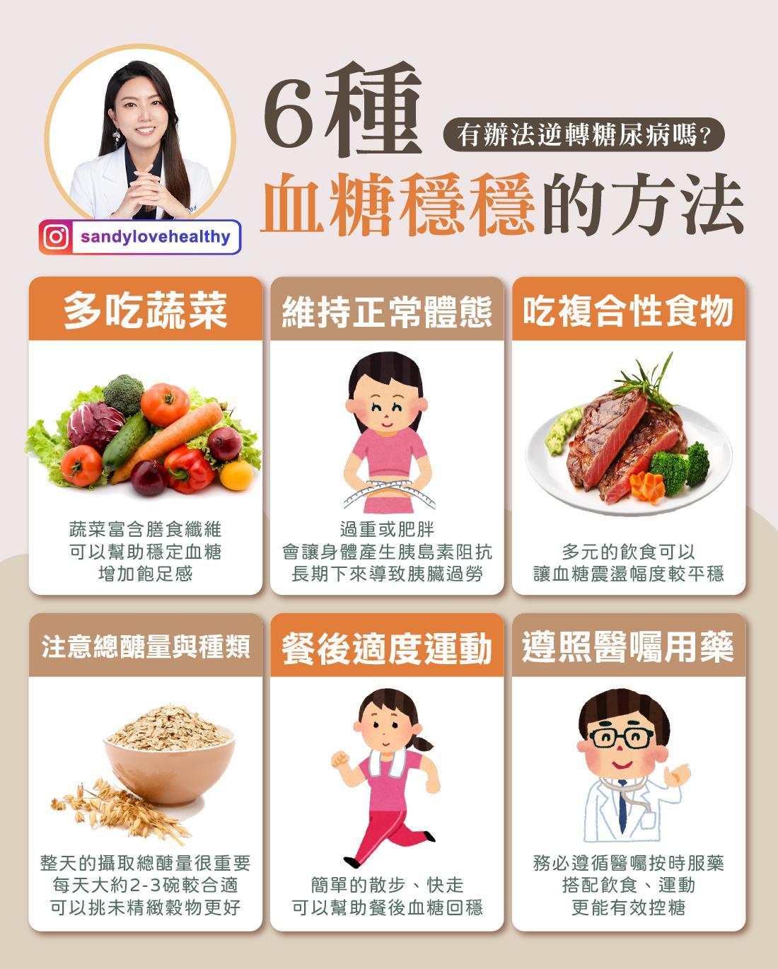 6種穩住血糖的方法。(圖/翻攝自愛健康營養師 珊珊臉書)