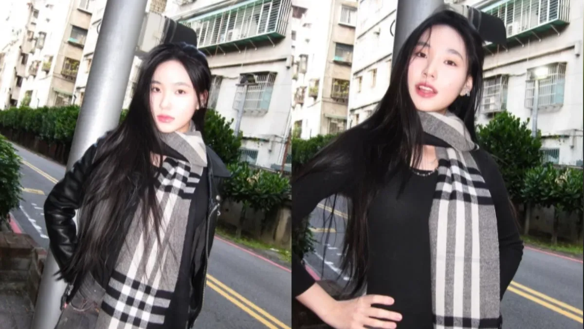 圍巾搭配上皮衣,完美演繹出濃厚的英倫學院風格。(圖/翻攝自Lily IG)