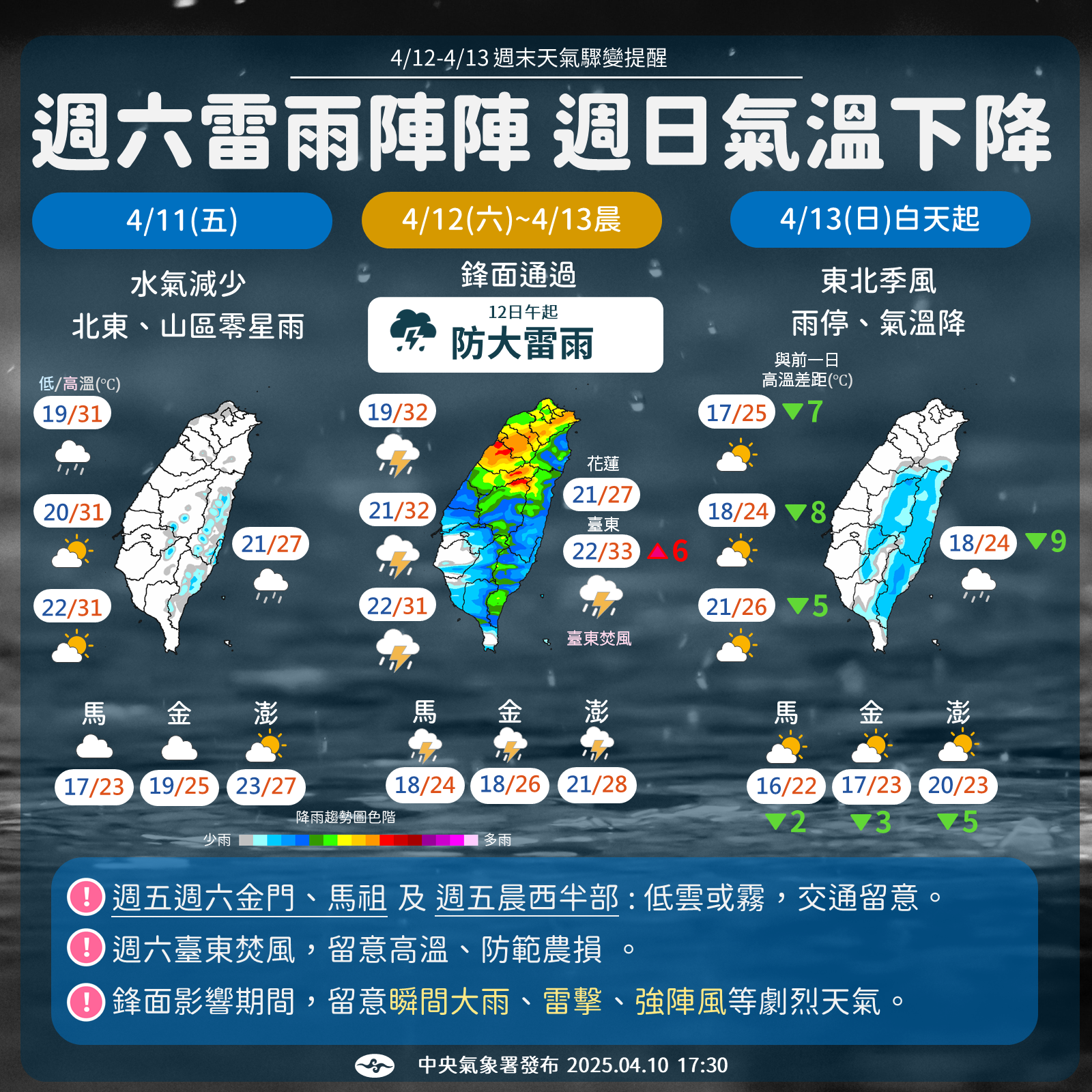 週六另一鋒面通過,慎防雷雨。(圖/氣象署)